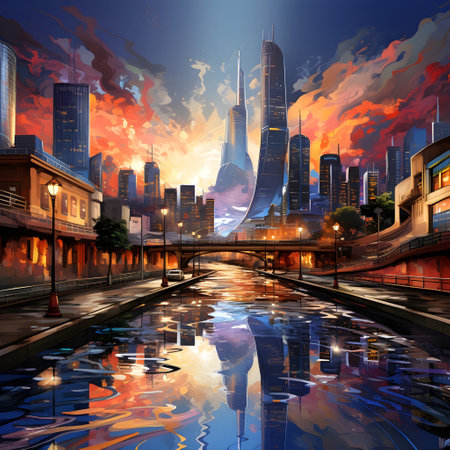 Abstract art, Seoul, the capital of South KoreaModern city skyline with skyscrapers and clouds.  illustration.の素材