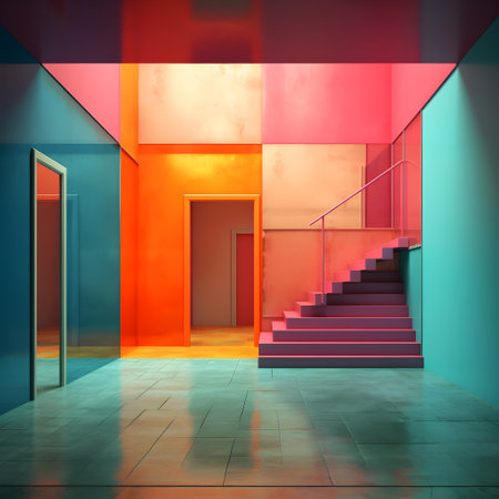 Interior corridor with red and orange walls and pink floor symbolizing opportunities.の素材