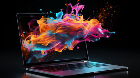Laptop with colorful abstract paint splashes on black background.の素材
