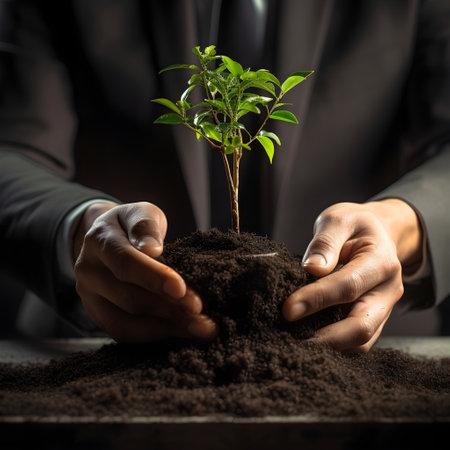 Close up of businessman hands holding young plant with soil on wooden table.  Ecology and environmental business development and growth concept image.の素材