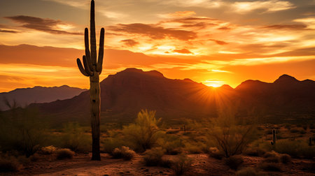 Saguaro Cactus at Sunset in the Mojave Desert, near Phoenix, Az USAの素材