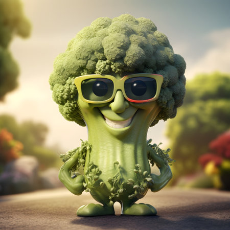 Funny broccoli with sunglasses on the road. Part of healthy eating kids series.の素材
