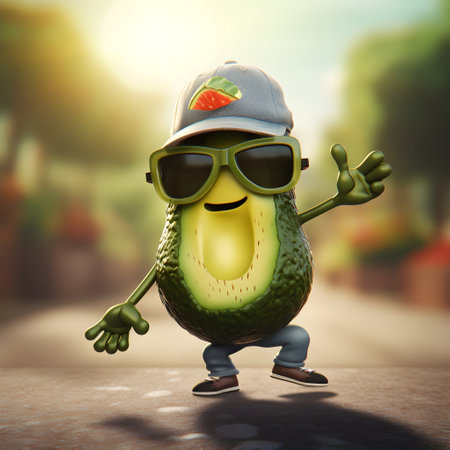 Funny Avocado character with sunglasses and cap. Part of healthy eating kids seriesの素材