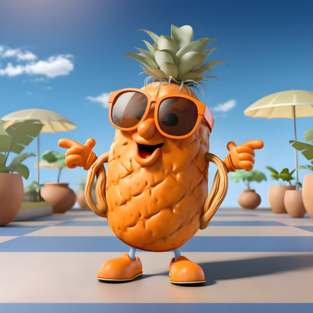 Pineapple character with sunglasses.  Part of kids  healthy eating series..の素材