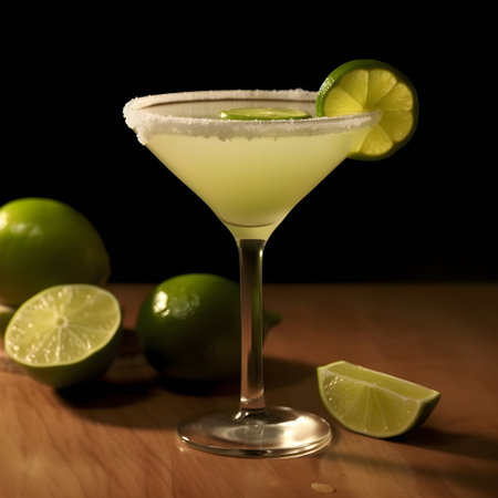 Classic Margarita Cocktail with lime and ice on a black backgroundの素材