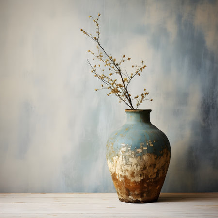 Vase with dry branches on wooden table and grunge wall backgroundの素材