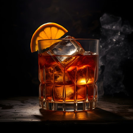 Old Fashioned with ice and slice of orange on a dark backgroundの素材
