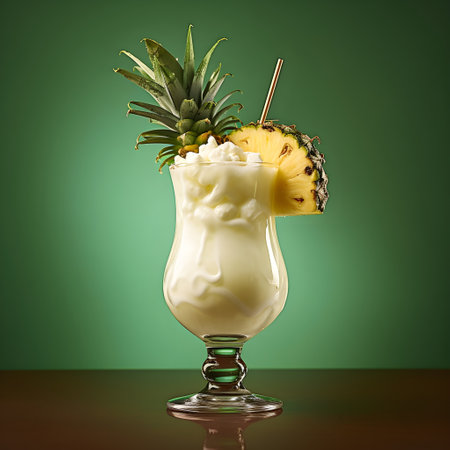 Pina colada cocktail with pineapple and ice on a green backgroundの素材