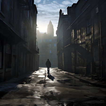 Silhouette of a man walking in the city at sunset.の素材