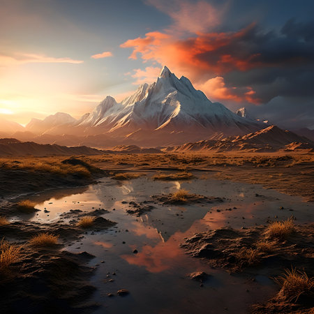 Mountain landscape at sunset. 3d illustration. Computer generated image.の素材