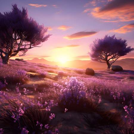 Beautiful landscape with lavender flowers and trees at sunset.rの素材