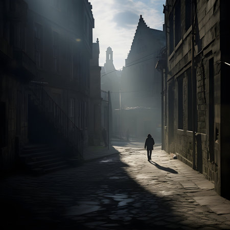 silhouette of a man walking in the old town of Pragueの素材