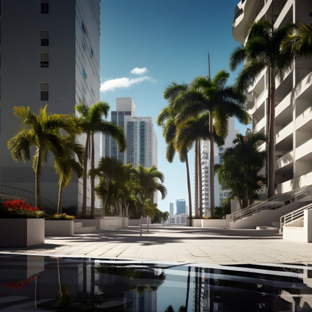 3d render of palm trees and modern skyscrapers in the cityの素材