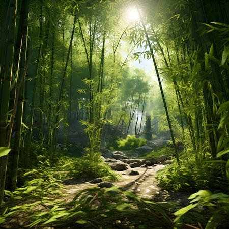 Beautiful bamboo forest with sunlight and stones, 3d render.の素材