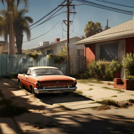 Classic American car parked in the street. 3D Rendering.の素材