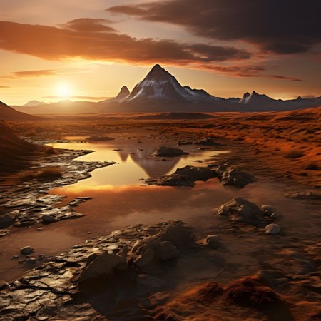 Beautiful sunset in the desert landscape. 3d rendered illustration.の素材