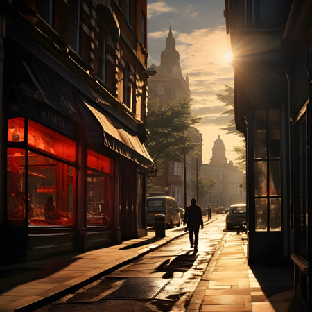 Silhouette of a man walking along the street at sunset.の素材
