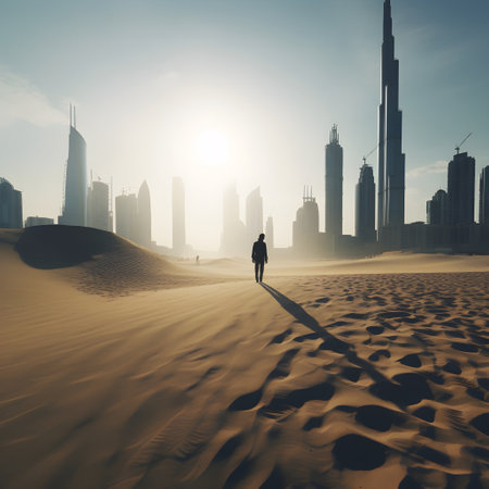 Silhouette of a man walking in the desert, Dubai, United Arab Emiratesの素材