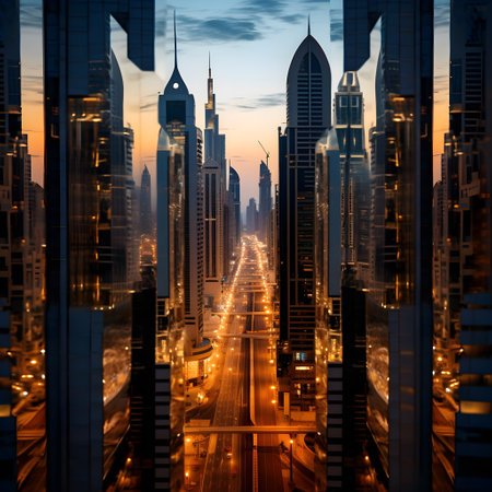 Double exposure of skyscrapers and highway in Dubai, United Arab Emiratesの素材