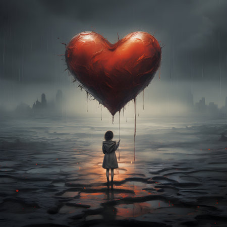 A girl stands in the middle of the storm and holds a red heart shaped balloon in her hands.の素材