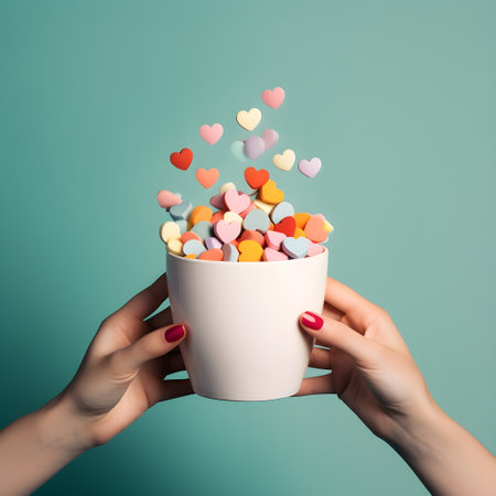 Female hands holding white cup full of colorful hearts on aqua backgroundの素材