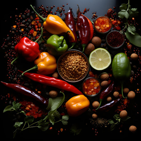 Different kinds of chili peppers and spices on black background, top viewの素材