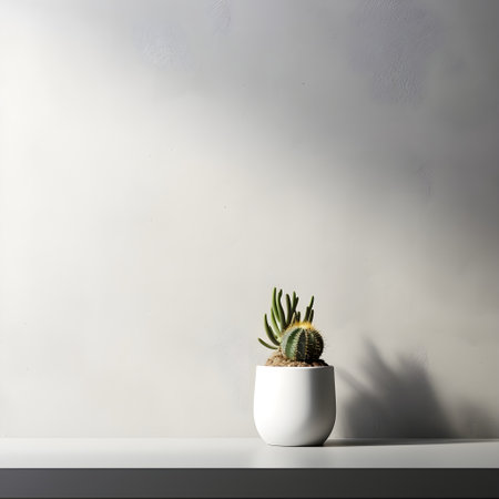 Cactus in a white pot on a white shelf against a white wallの素材