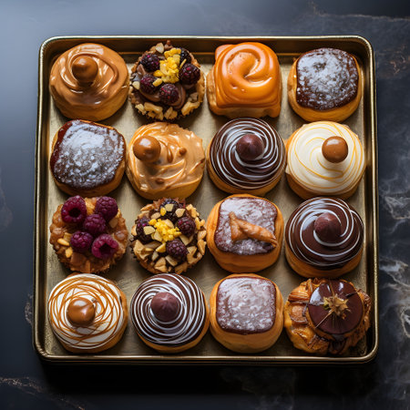 Assortment of pastries in a box on a dark background.の素材