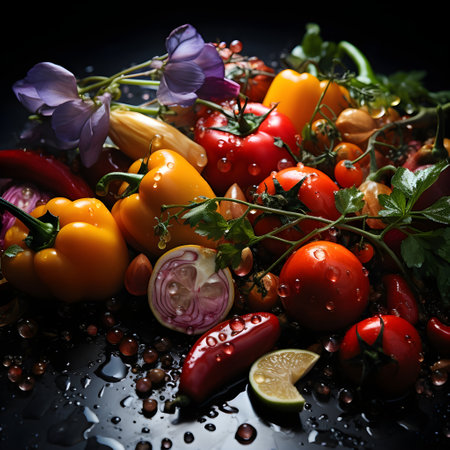 Variety of fresh vegetables with herbs and spices on black background.の素材