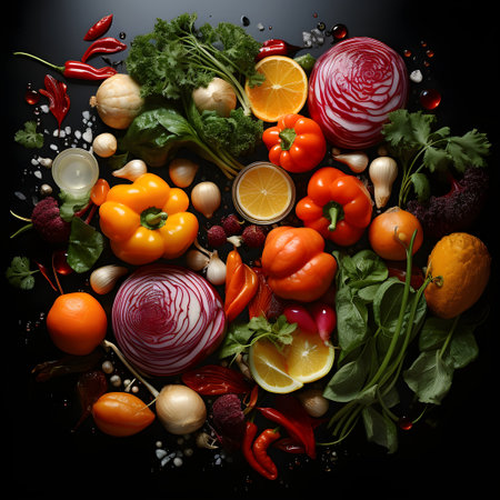 Various fresh fruits and vegetables on black background. Healthy food concept.の素材