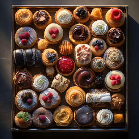 Assortment of pastries in a box on a dark background.の素材