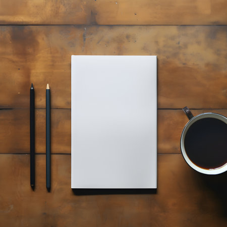 Design concept - top view of blank notebook, coffee cup and pencil on wooden background for mockupの素材
