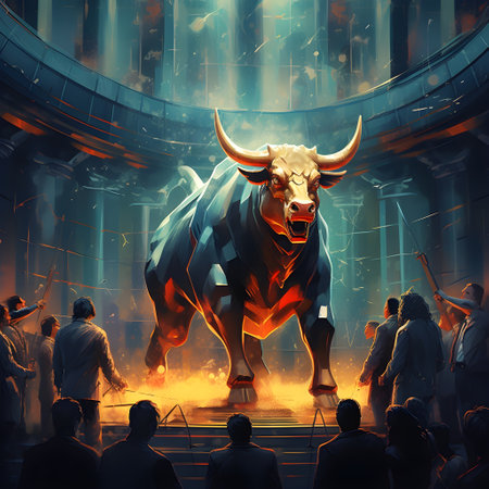 Bull head on stock market background. Bull market concept. 3D renderingの素材