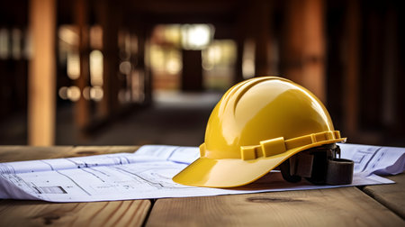 Yellow hard hat and blueprints on a desk in a construction siteの素材