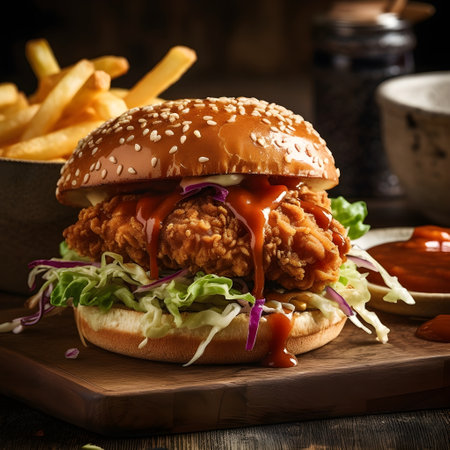 Burger with fried chicken and french fries on wooden table, selective focusの素材