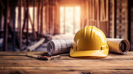Yellow safety helmet and blueprint on wooden table in construction site background.の素材