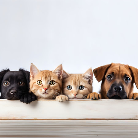 Group of cats and dogs looking at the camera on a white backgroundの素材