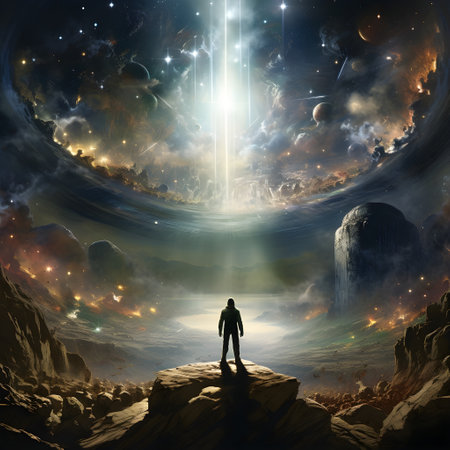 Man standing in the middle of a fantastic space.の素材