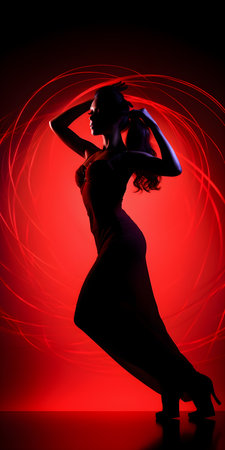 Silhouette of a beautiful woman in evening dress on a red backgroundの素材