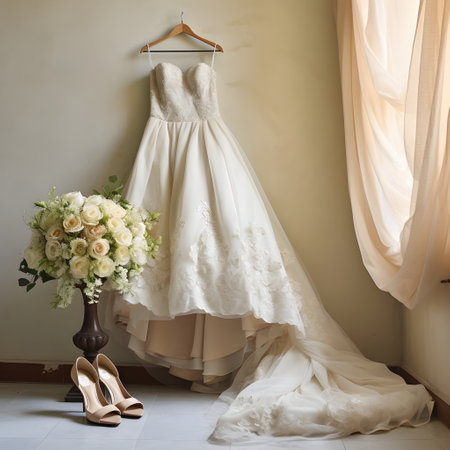 Wedding dress and shoes on a hanger in the roomの素材