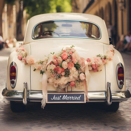 Wedding car decorated with flowers. Wedding in european cityの素材