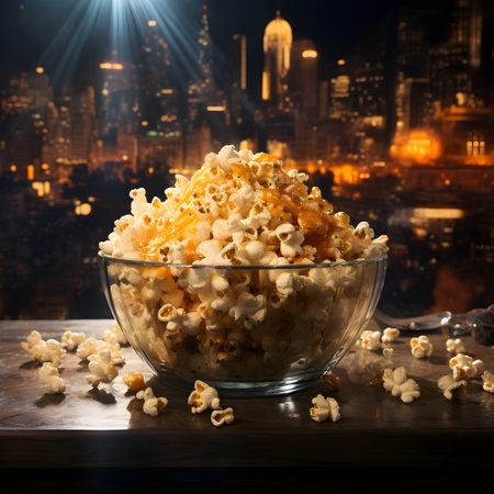 Popcorn in glass bowl on wooden table with night city background.の素材