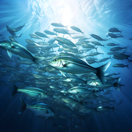 Underwater scene with school of fish swimming in blue oceanの素材
