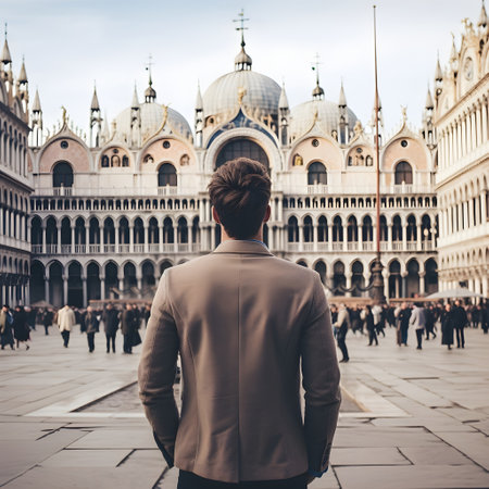 Back view of young man looking at St. Mark's Basilica in Venice, Italyの素材