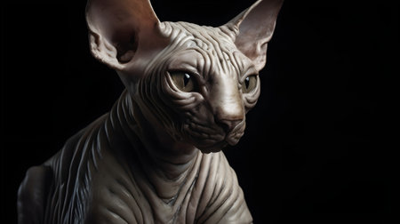 Sphynx cat on a black background. Close-up.の素材