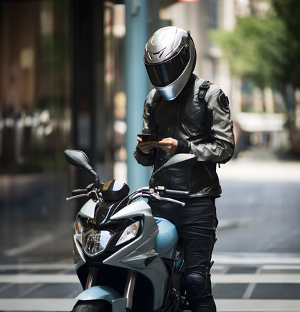 Biker in black leather jacket and helmet standing next to his motorbikeの素材