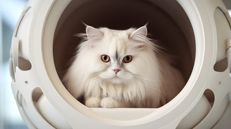 Cute persian cat in pet bed at veterinary clinic, closeupの素材