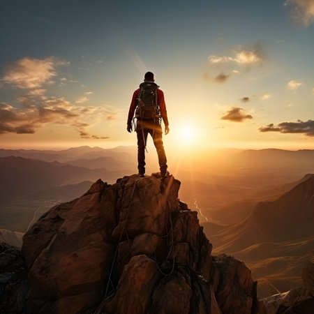 Hiker on the top of a mountain with a backpack and enjoying the sunriseの素材