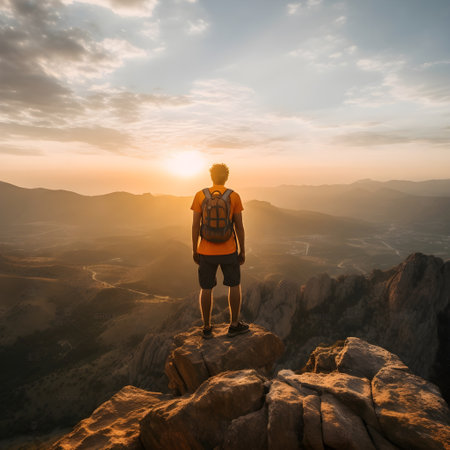 Man with backpack standing on top of a mountain and looking at the sunsetの素材