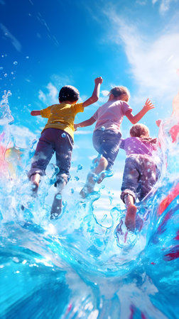 happy children jumping in water at summer vacation, kids play and have funの素材